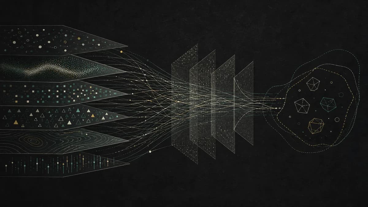 Abstract evidence streams narrowing into a provisional candidate constellation
