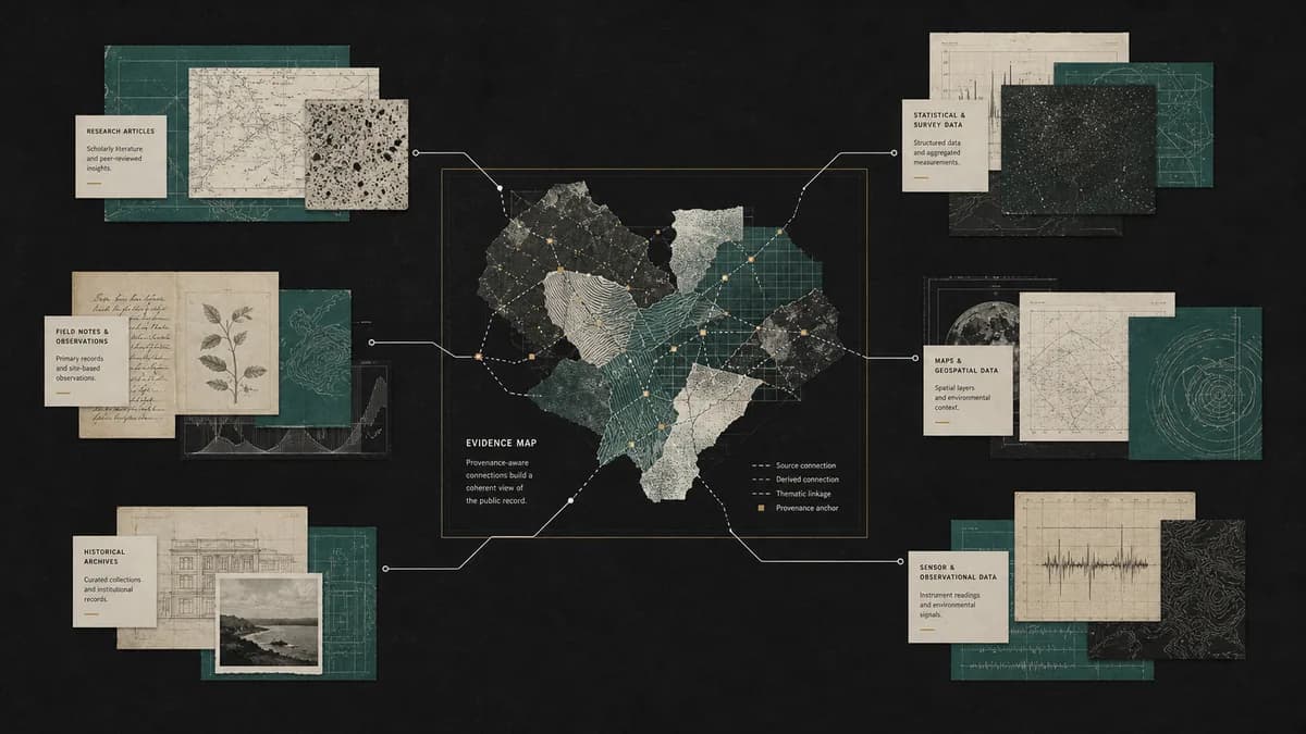 Abstract archival dataset layers connected by provenance-aware paths into an evidence map
